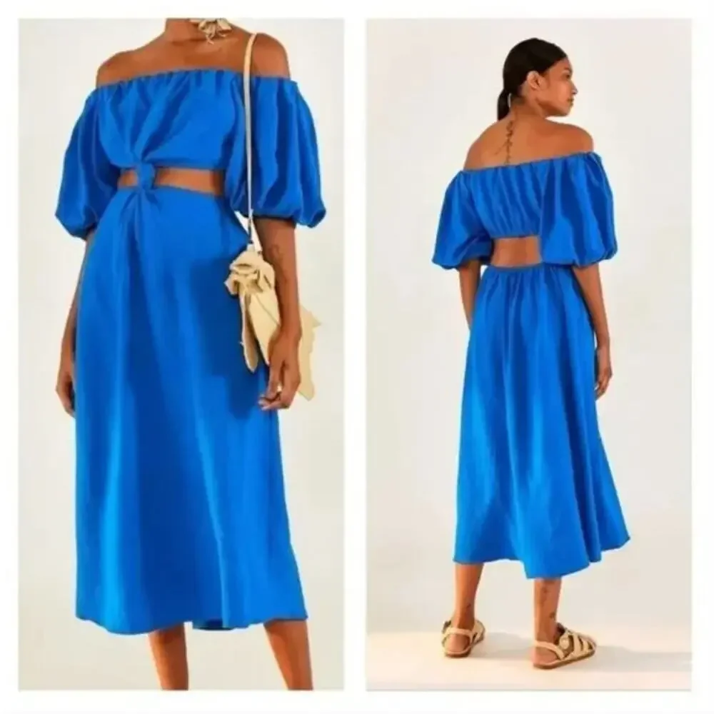 Farm Rio Knotted Cut Out Linen Blend Midi Dress Blue Women's Size XS - Picture 3 of 12